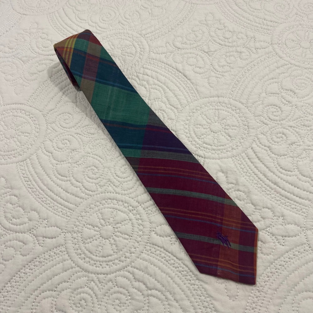 Polo Ralph Lauren Mens Madras Plaid Cotton Tie Burgundy Green Handmade Vintage *